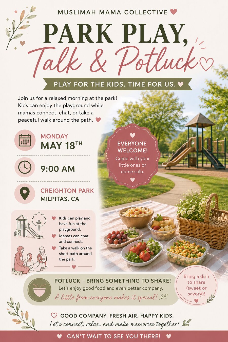 Park Play, Talk & Potluck flyer — Monday, May 18th at Creighton Park, Milpitas, CA